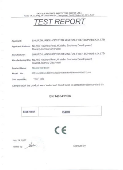 CE certification document for ceiling materials