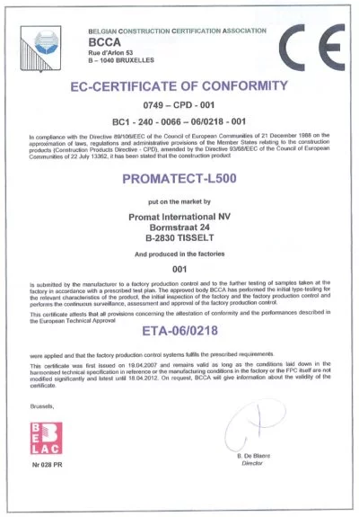 Promatect L500 CE certification document