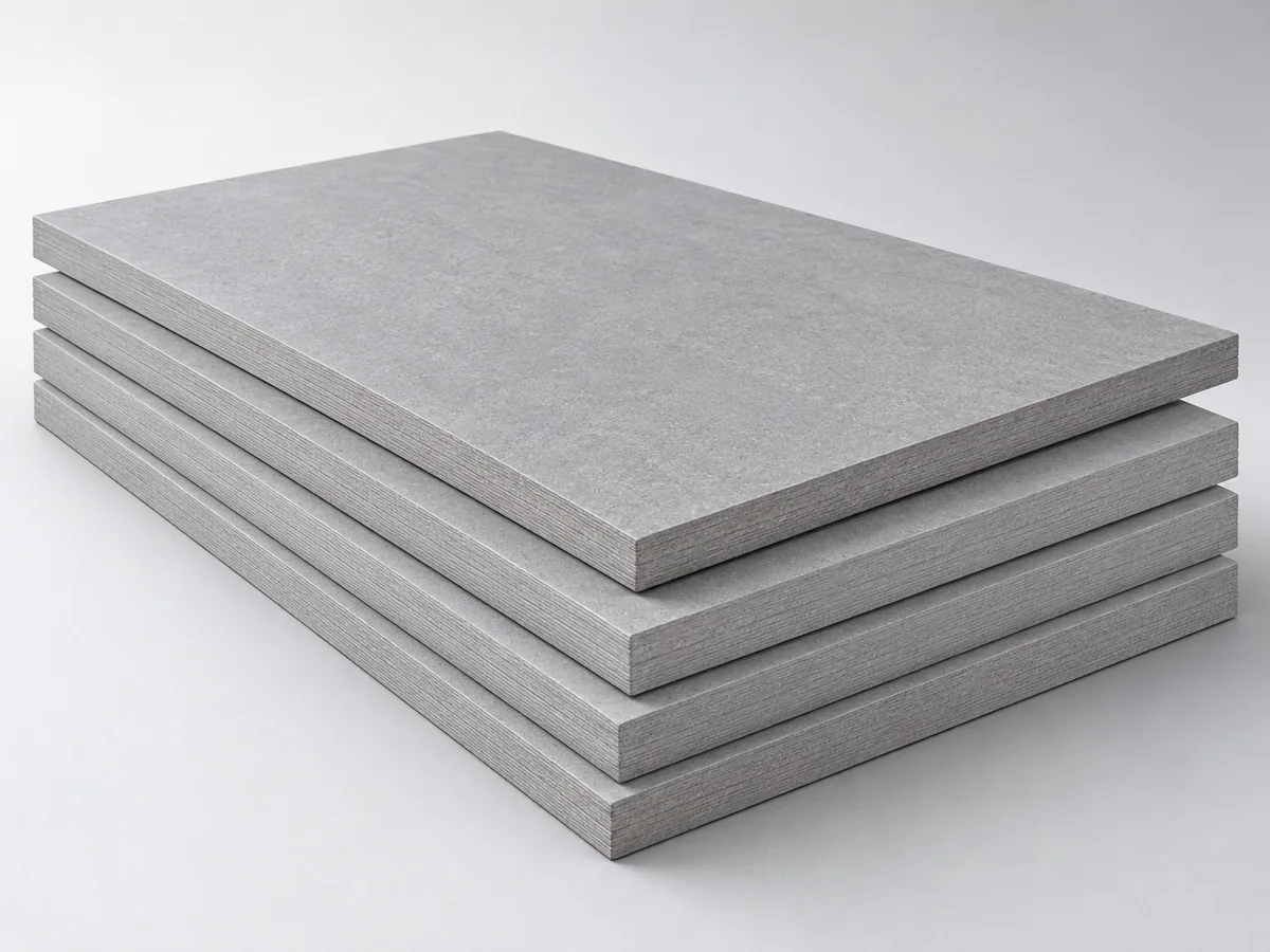 Illustrative product view: Stacked gray fiber cement boards with matte surfaces