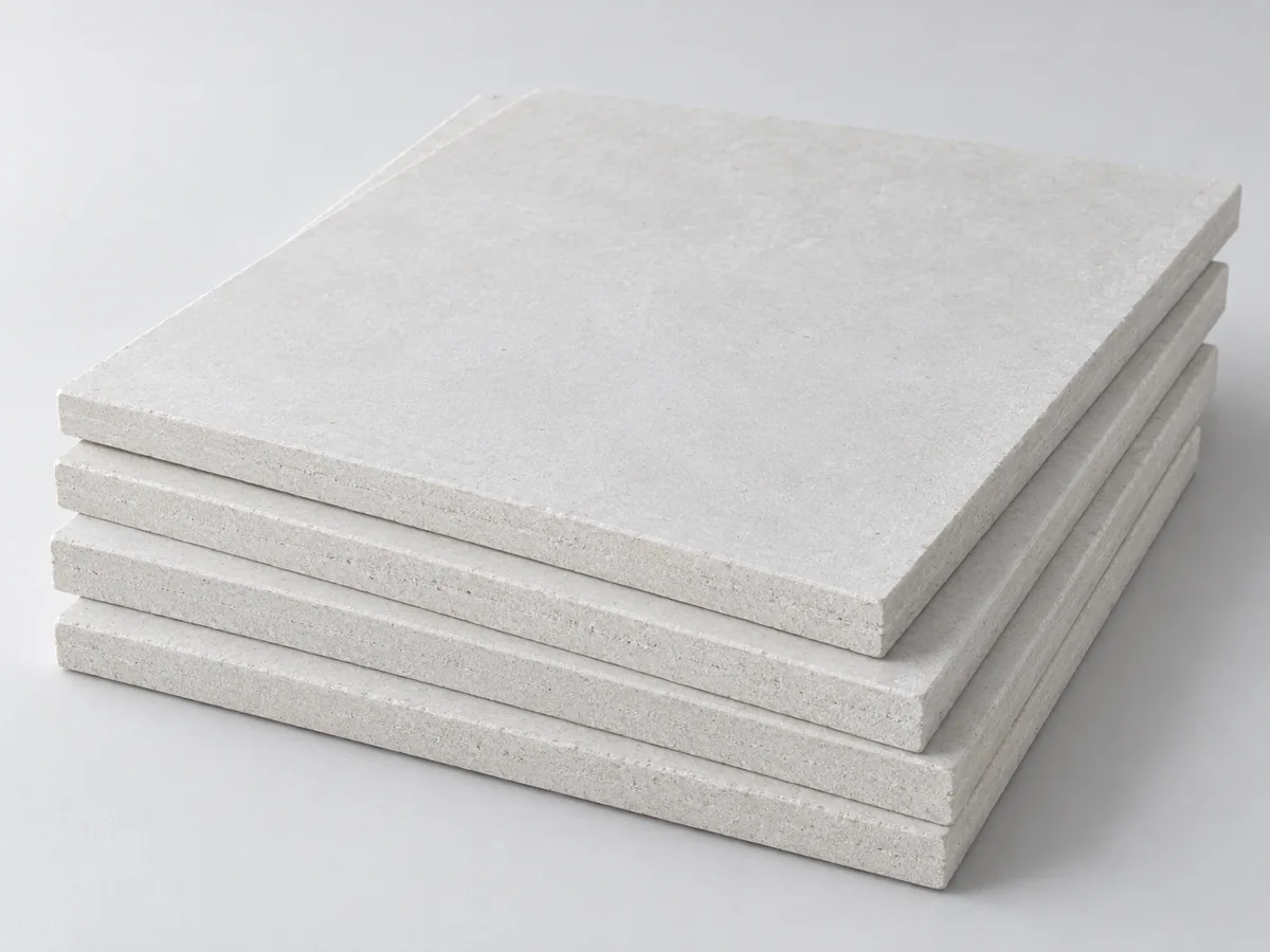 Illustrative product view: Stacked light-colored magnesium oxide building boards