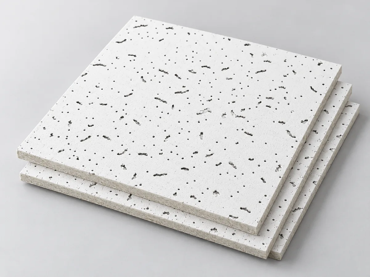 Illustrative product view: Fissured mineral fiber ceiling tiles with visible board edges