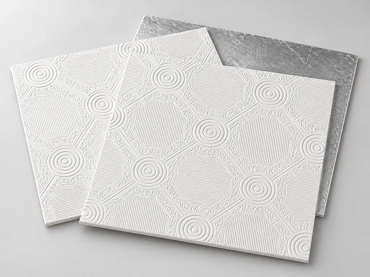 Illustrative product view: Decorative PVC gypsum ceiling tiles with patterned faces and foil backing