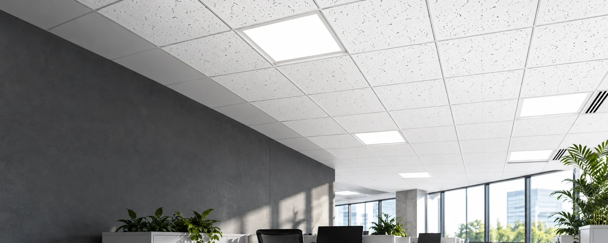 Illustrative commercial interior with mineral fiber ceiling tiles and exposed T-grid