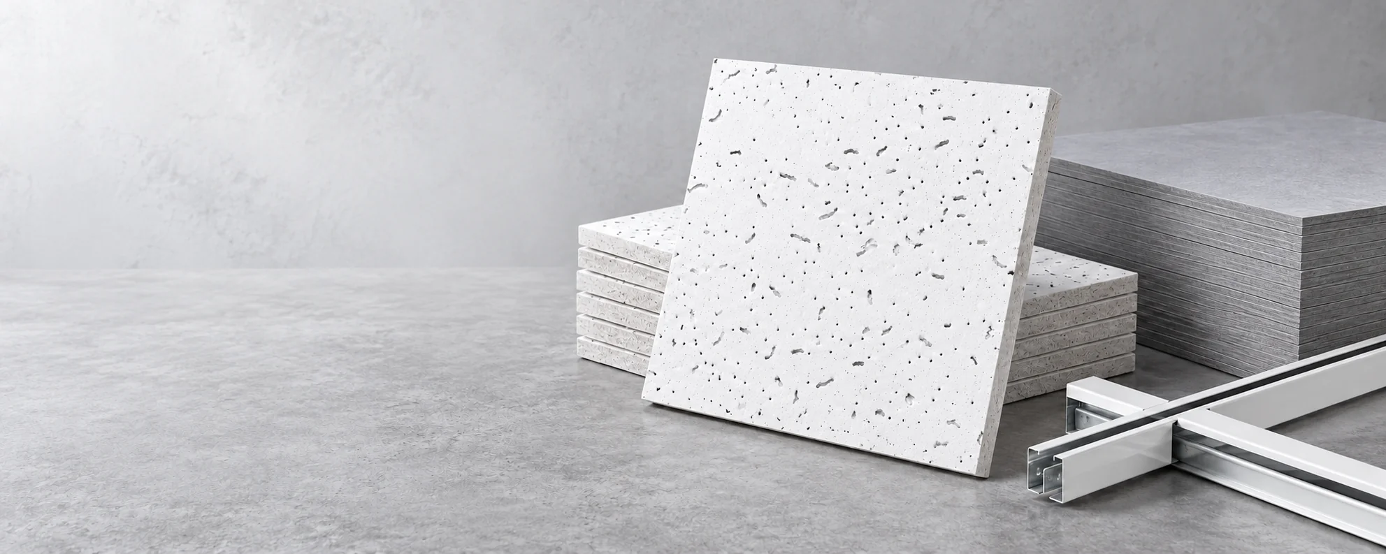 Illustrative mineral fiber ceiling tiles, fiber cement boards and T-bar grid product arrangement